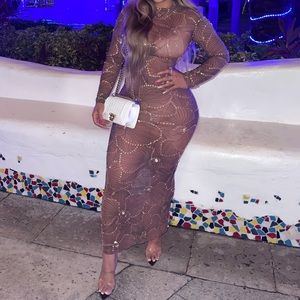 Brown Sequin Longsleeve Mesh Dress